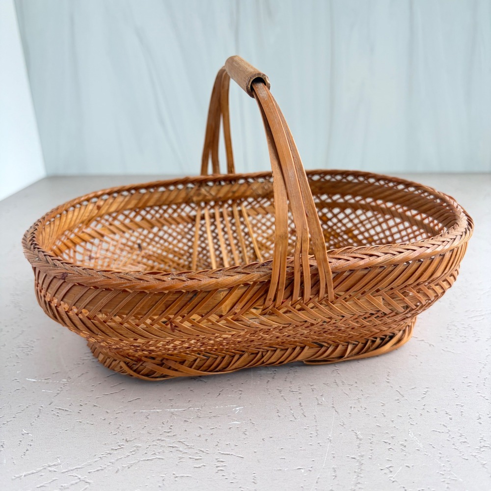 Vintage Woven Bamboo Basket Oval Lattice Boho Decor